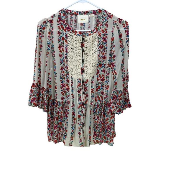 Anthropologie Maeve Size 0  Hiver‎ Romantic Floral Lace Detail Boho Blouse - Picture 1 of 7